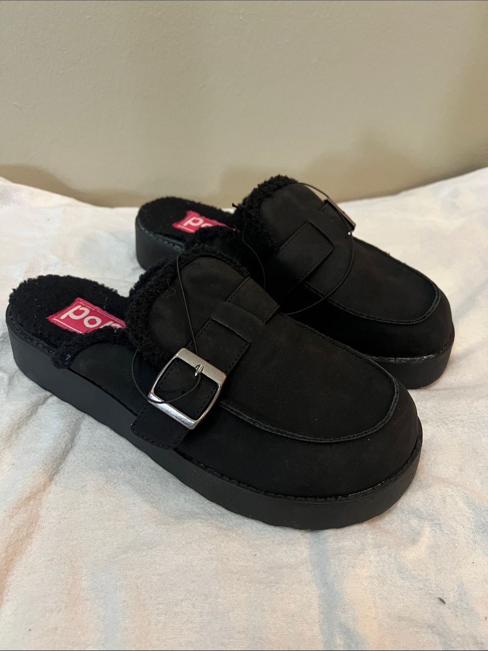 New Black Faux-Shearling Buckle Mules size 7